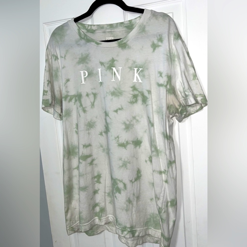 PINK Victoria’s Secret Tee; Light green & white color tie dye; Size Large